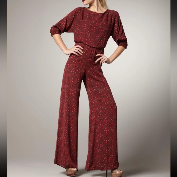 Alice + Olivia Pants - Alice + Olivia Leiby Red 3/4 Sleeves Wide Leg Jumpsuit Pants Size L